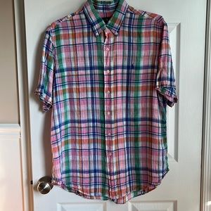 Ralph Lauren Mens Size XL 100% Linen Rainbow Plaid Short Sleeve Shirt